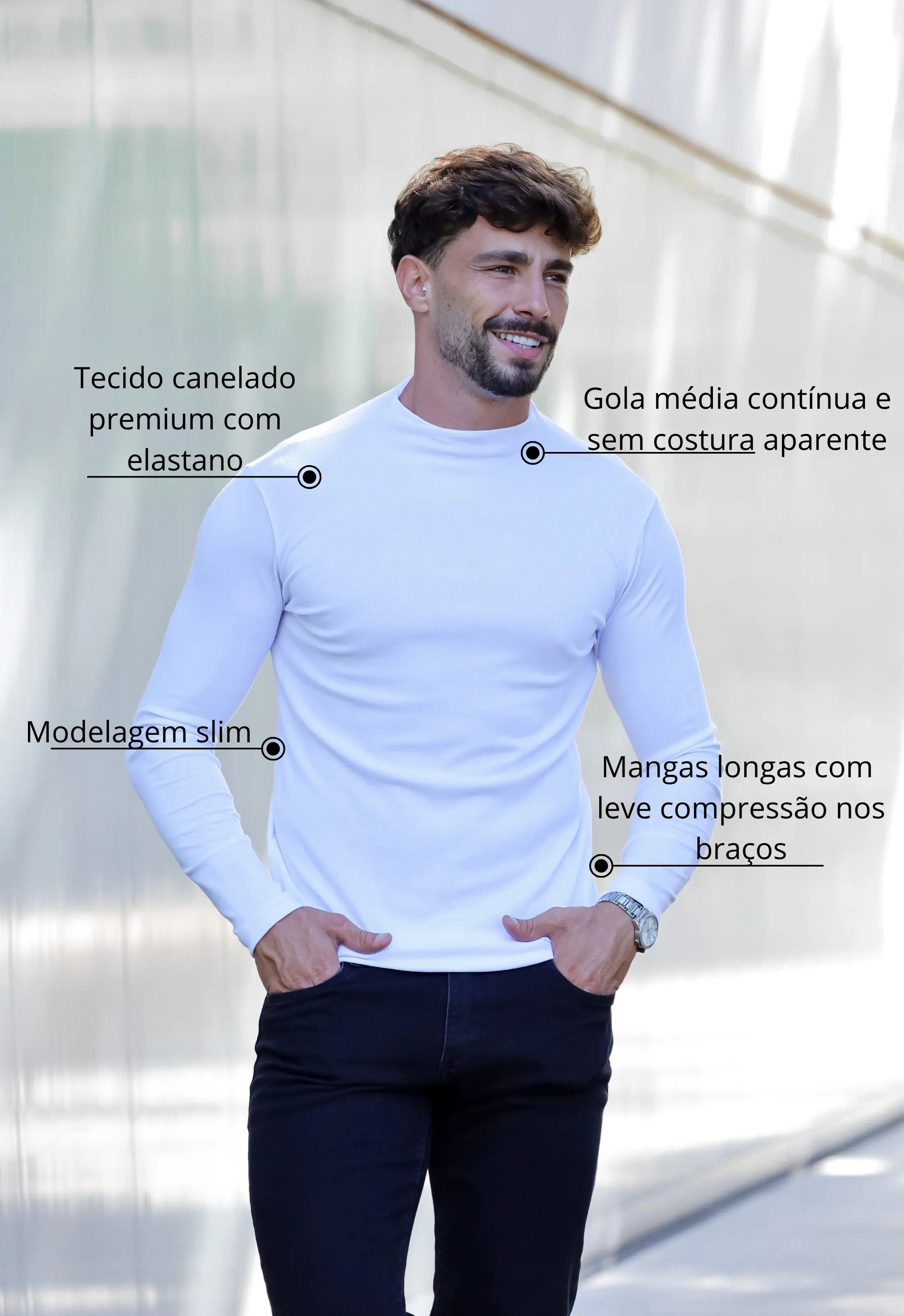 Camiseta Slim Manga Longa Gola Média Branca CW STORE