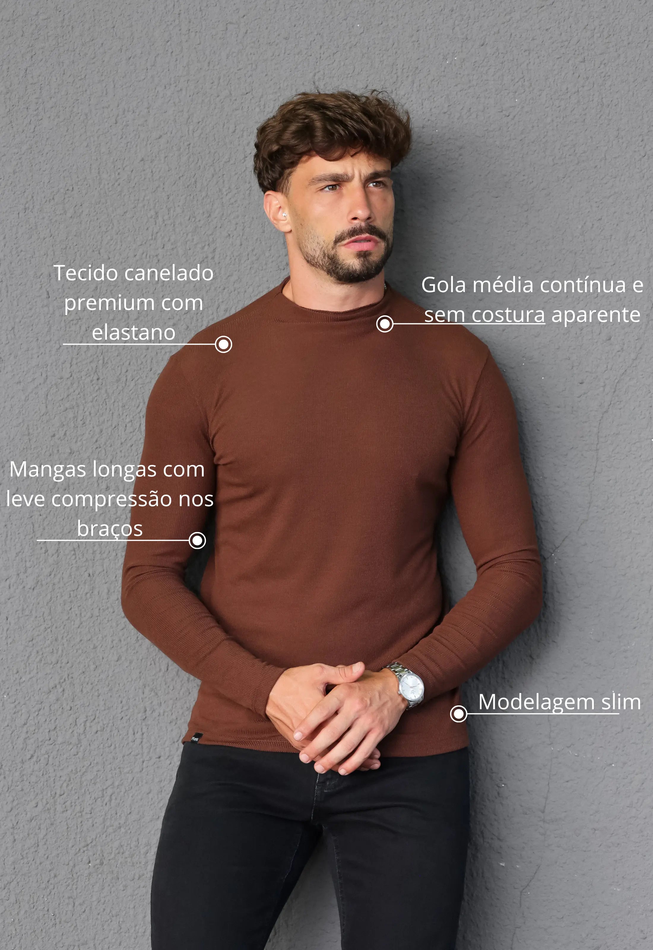 Camiseta Slim Manga Longa Gola Média Marrom CW STORE