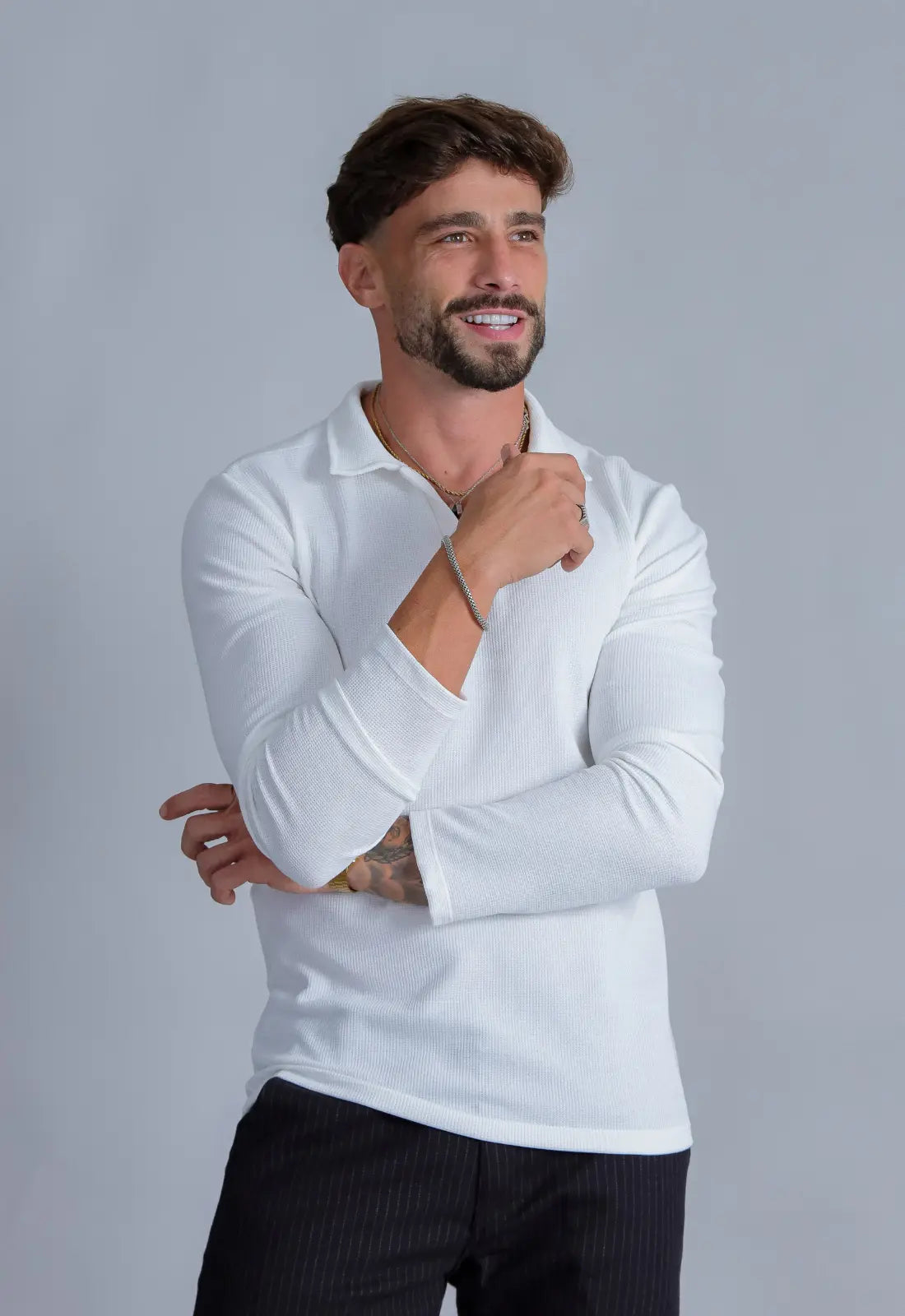 Camisa Polo Italiana Tricot Manga Longa Branca CW STORE