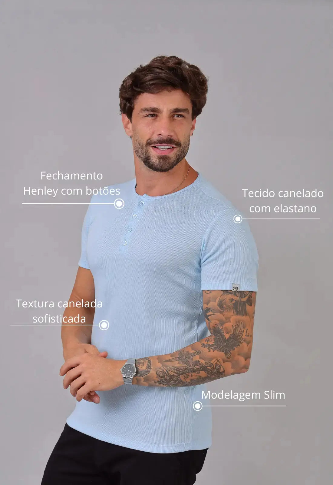 Camiseta Henley Canelada Azul Claro CW STORE