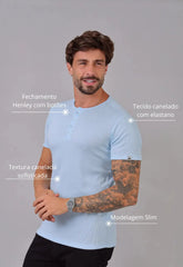 Camiseta Henley Canelada Azul Claro CW STORE