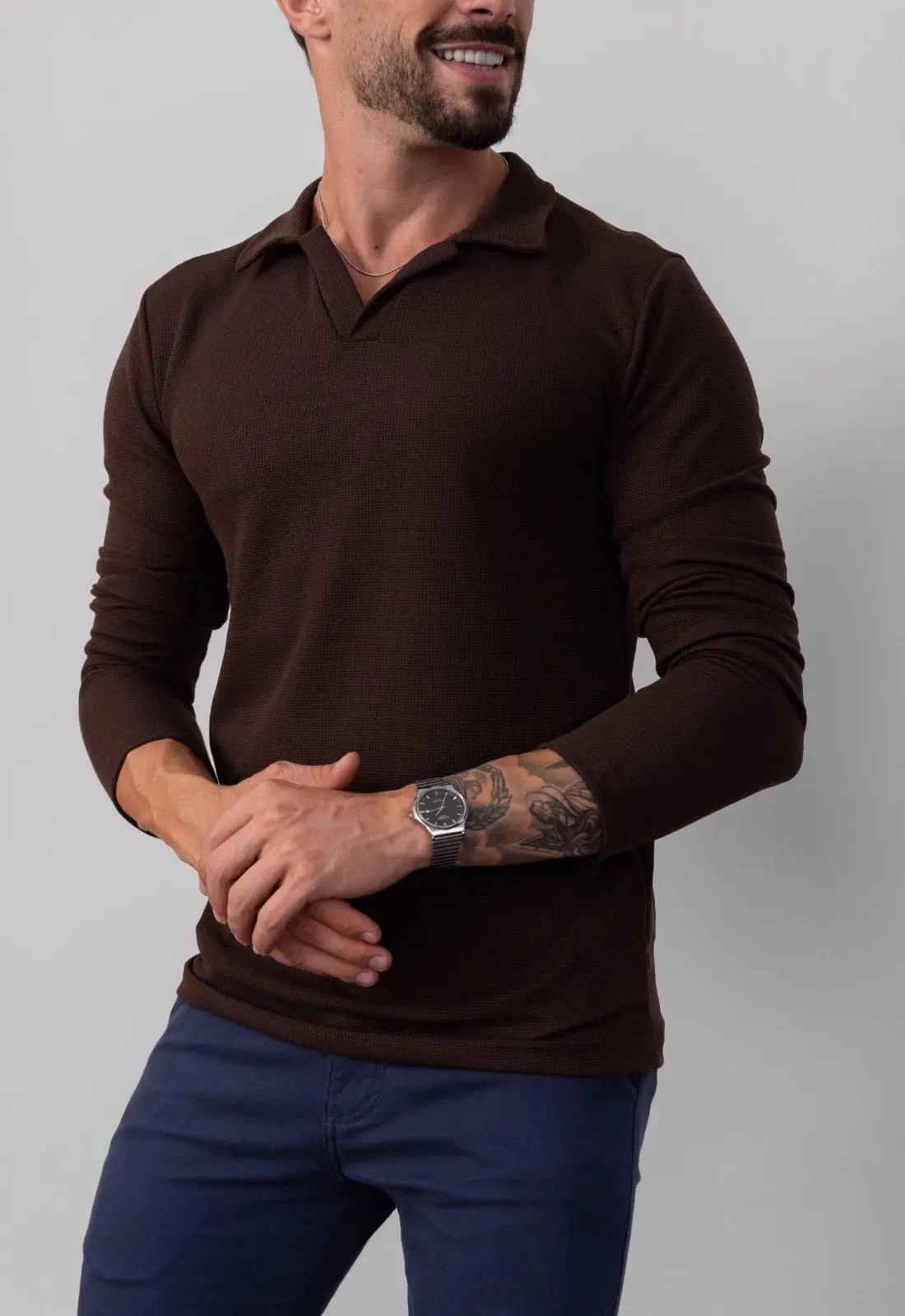 Camisa Polo Italiana Tricot Manga Longa Marrom CW STORE