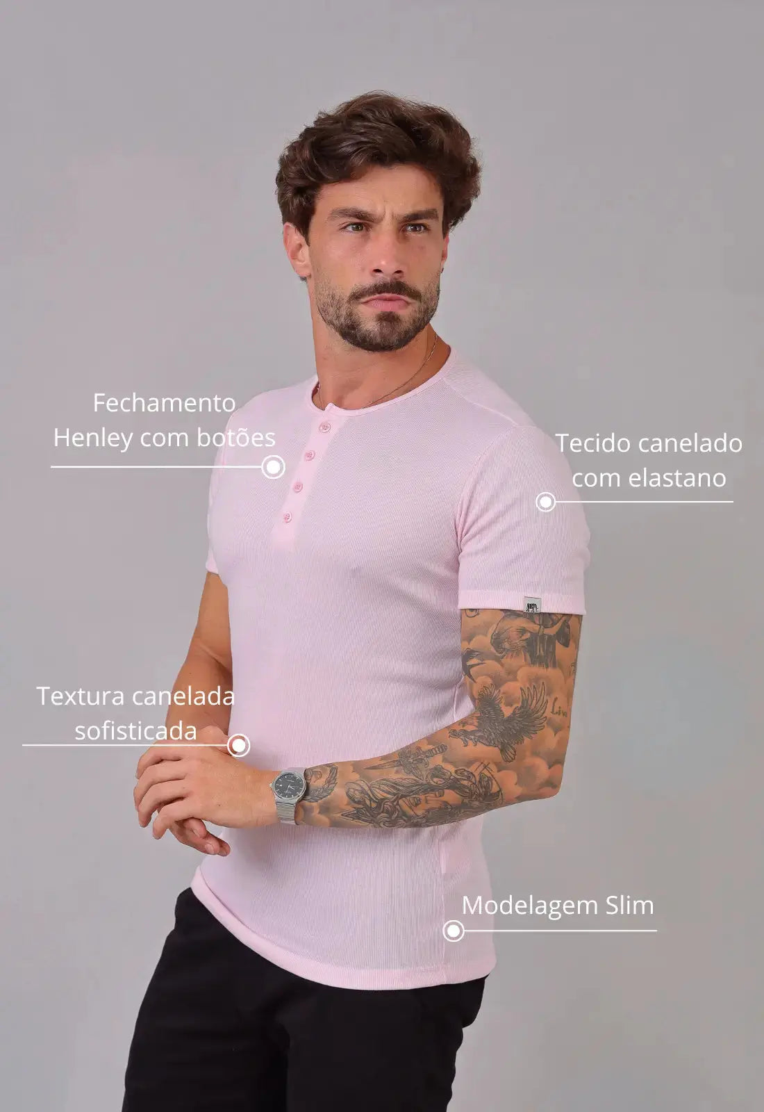 Camiseta Henley Canelada Rosa Claro CW STORE