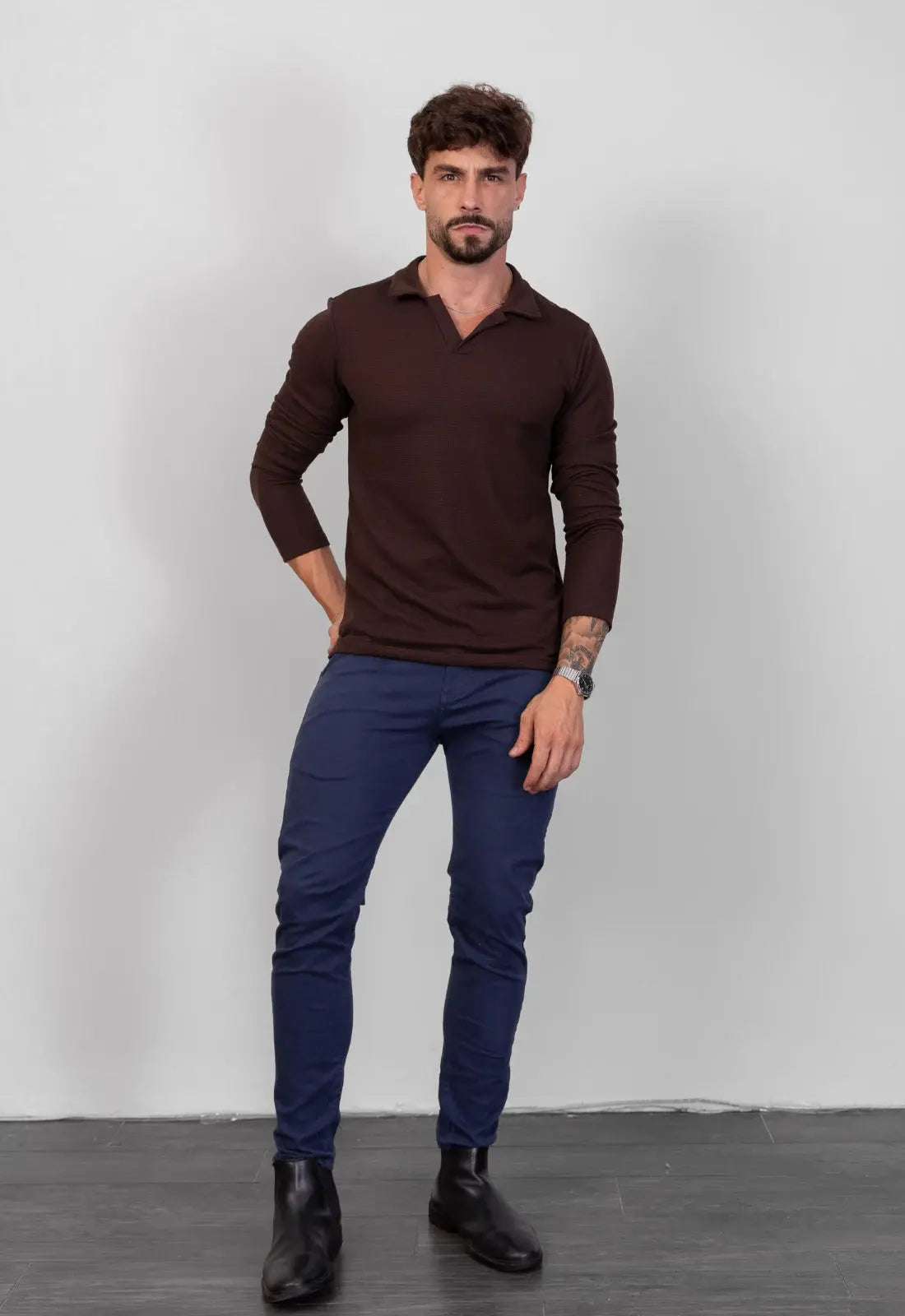 Camisa Polo Italiana Tricot Manga Longa Marrom CW STORE