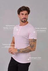 Camiseta Henley Canelada Rosa Claro CW STORE