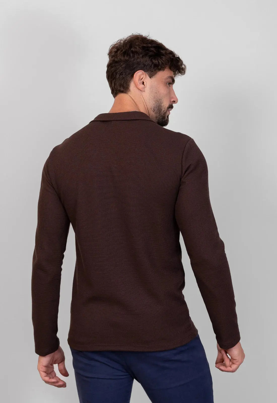 Camisa Polo Italiana Tricot Manga Longa Marrom CW STORE