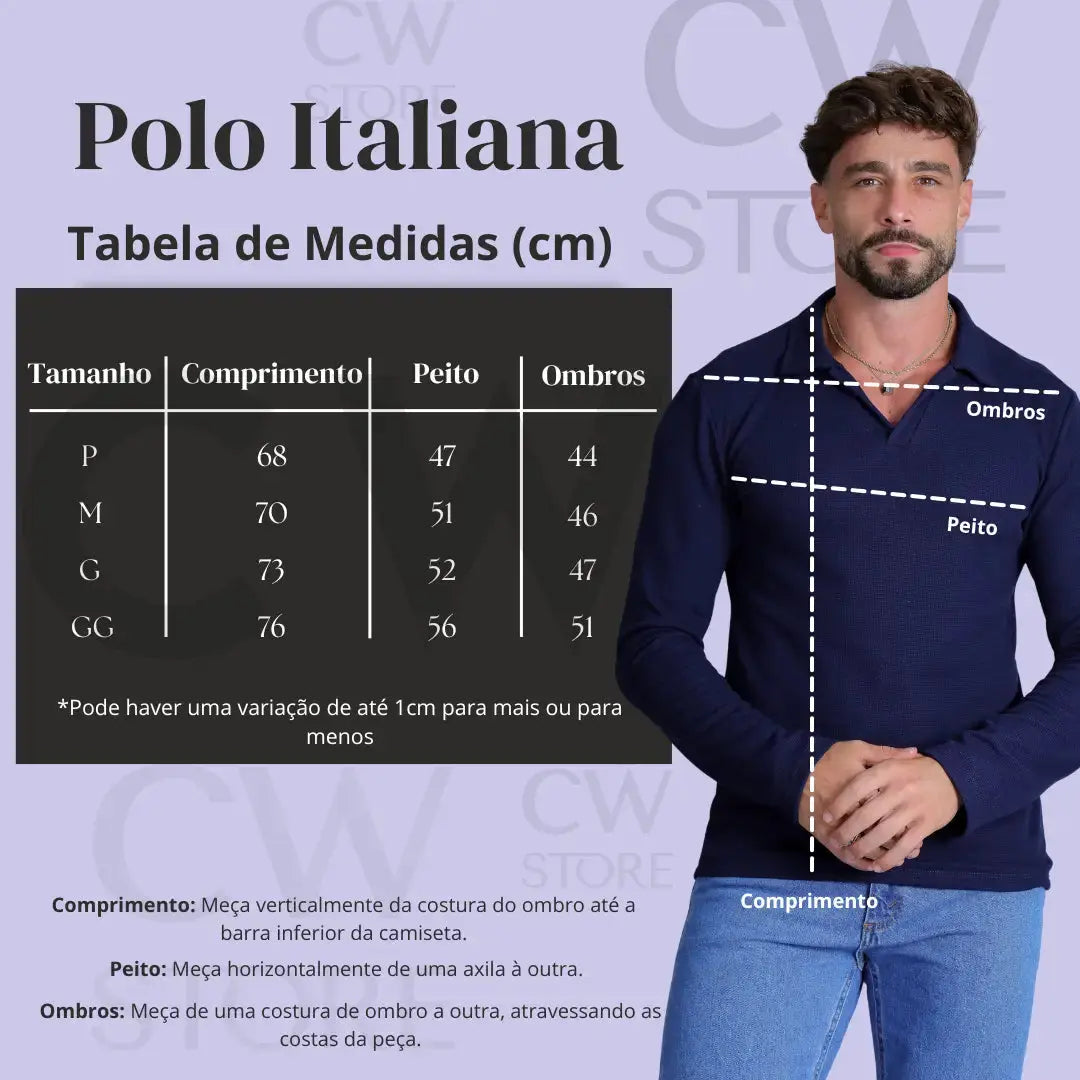 Camisa Polo Italiana Tricot Manga Longa Branca CW STORE