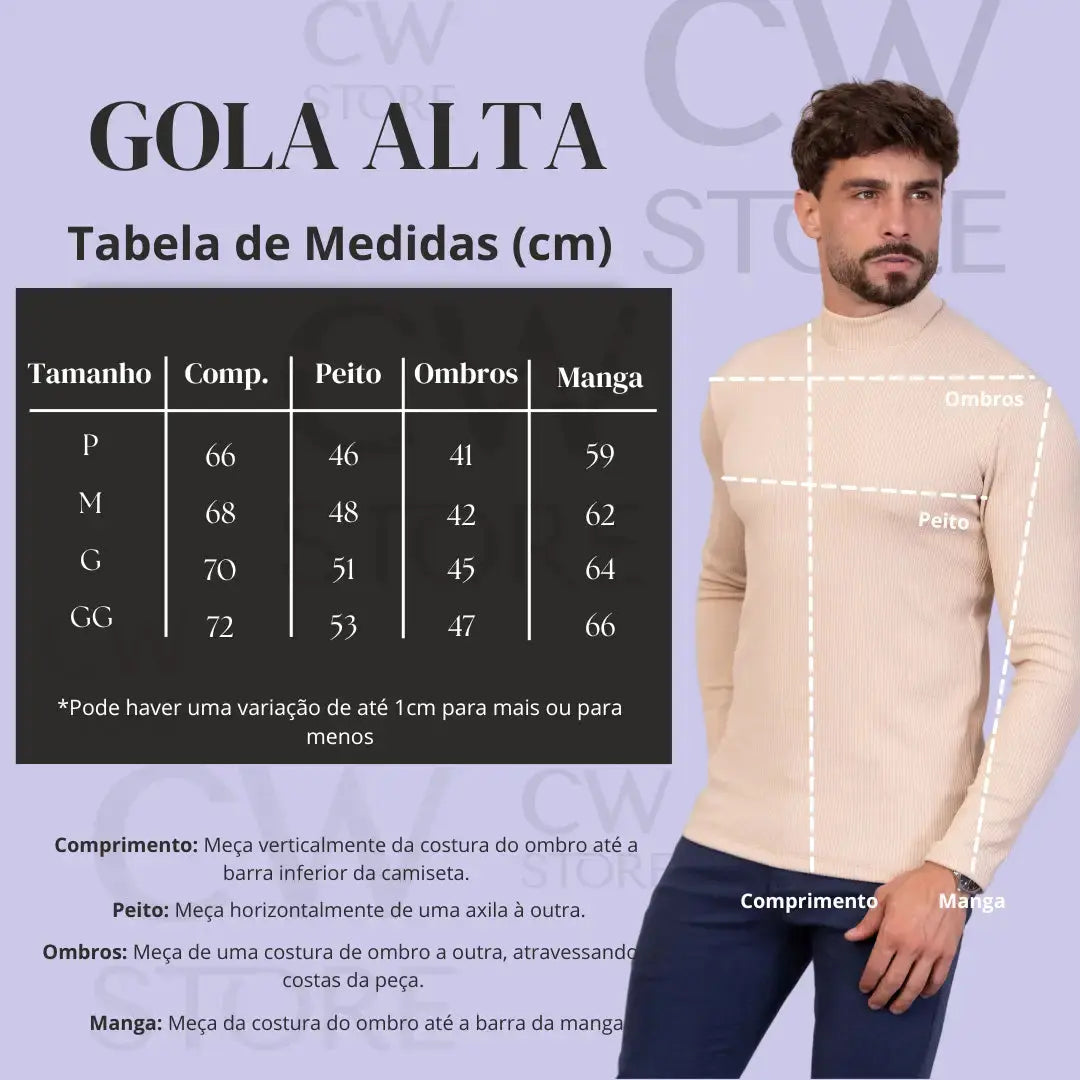 Camiseta Gola Alta Canelada Manga Longa Bege CW STORE