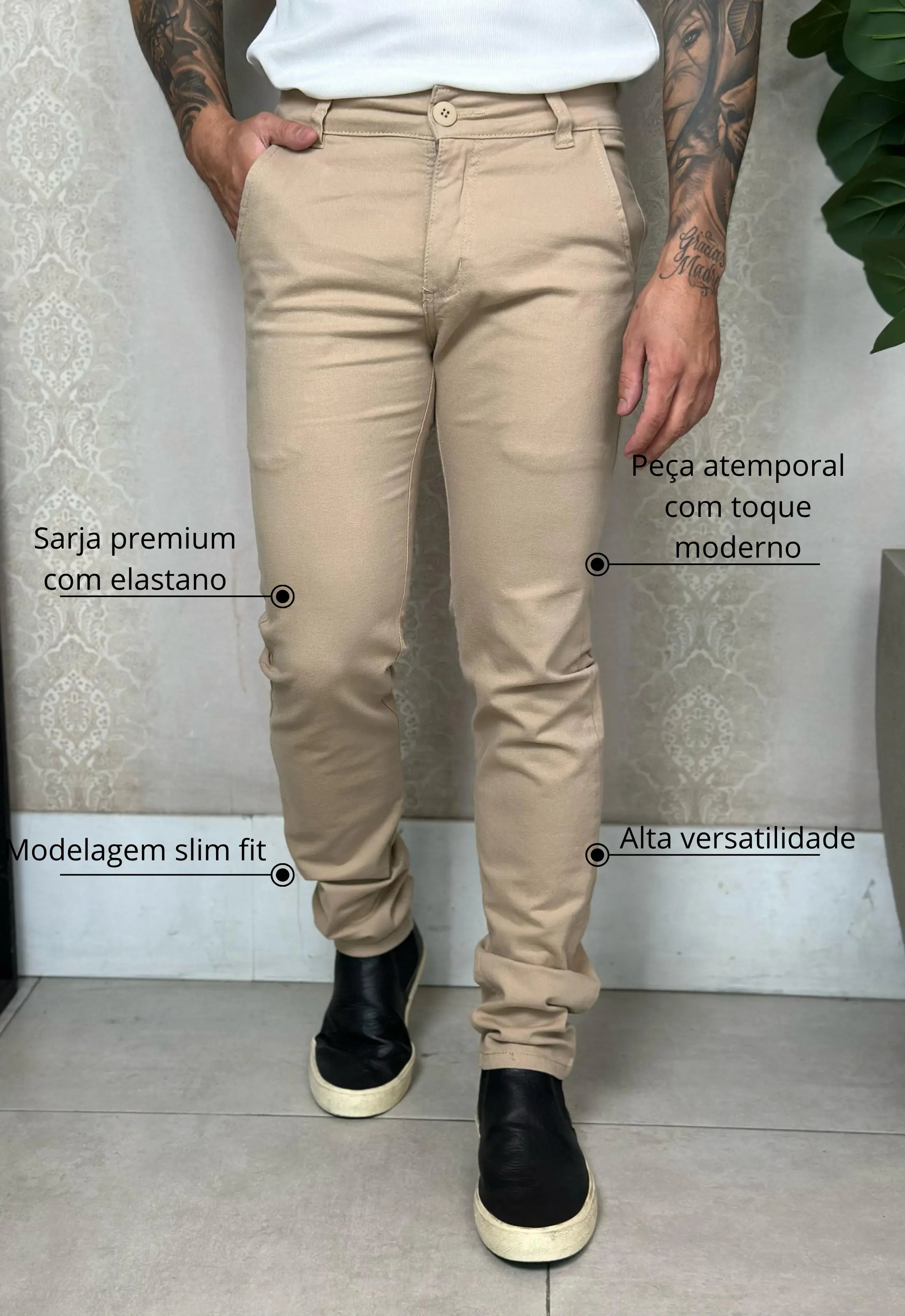 Calça Alfaiataria em Sarja com Elastano Bege CW STORE