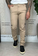Calça Alfaiataria em Sarja com Elastano Bege CW STORE