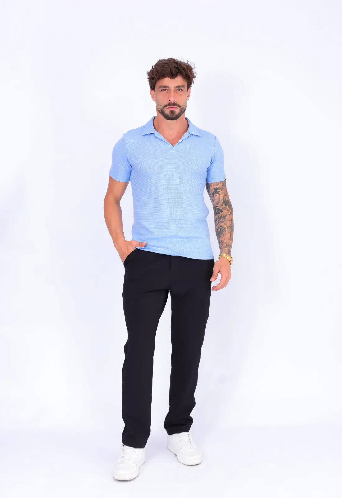 Camisa Polo Italiana Tricot Azul Claro CW STORE