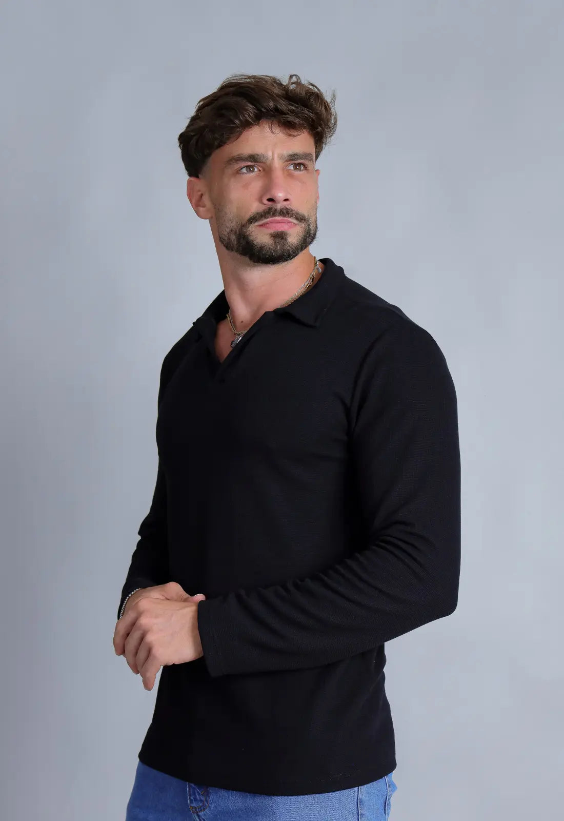 Camisa Polo Italiana Tricot Manga Longa Preta CW STORE