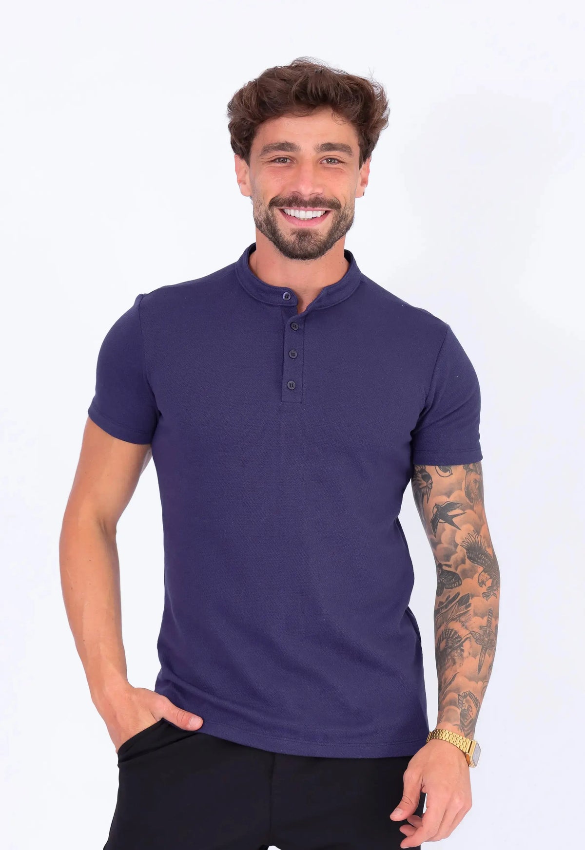 Camiseta Henley Slim Tricot Azul Marinho CW STORE