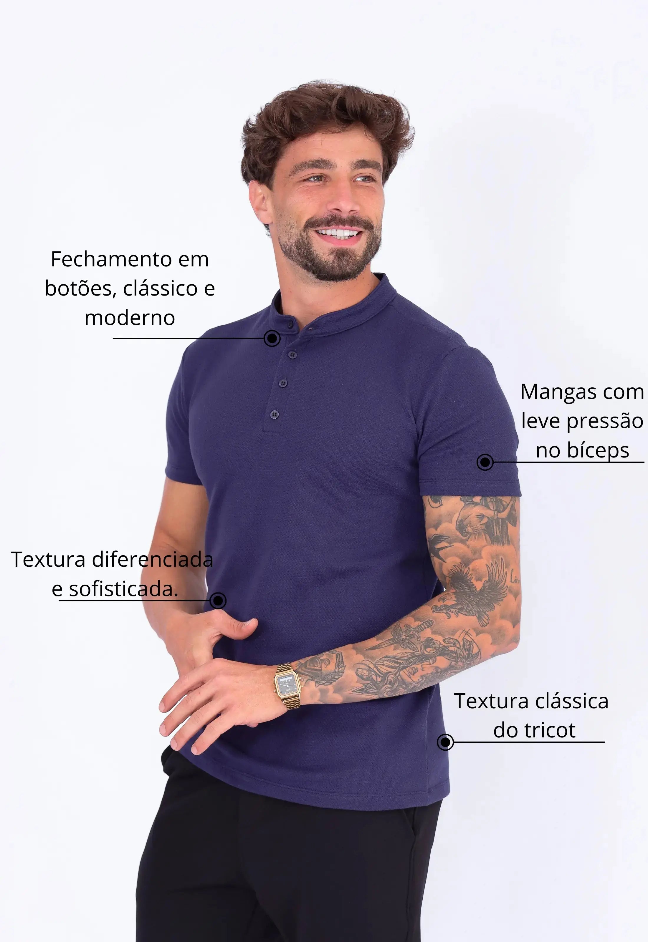 Camiseta Henley Slim Tricot Azul Marinho CW STORE