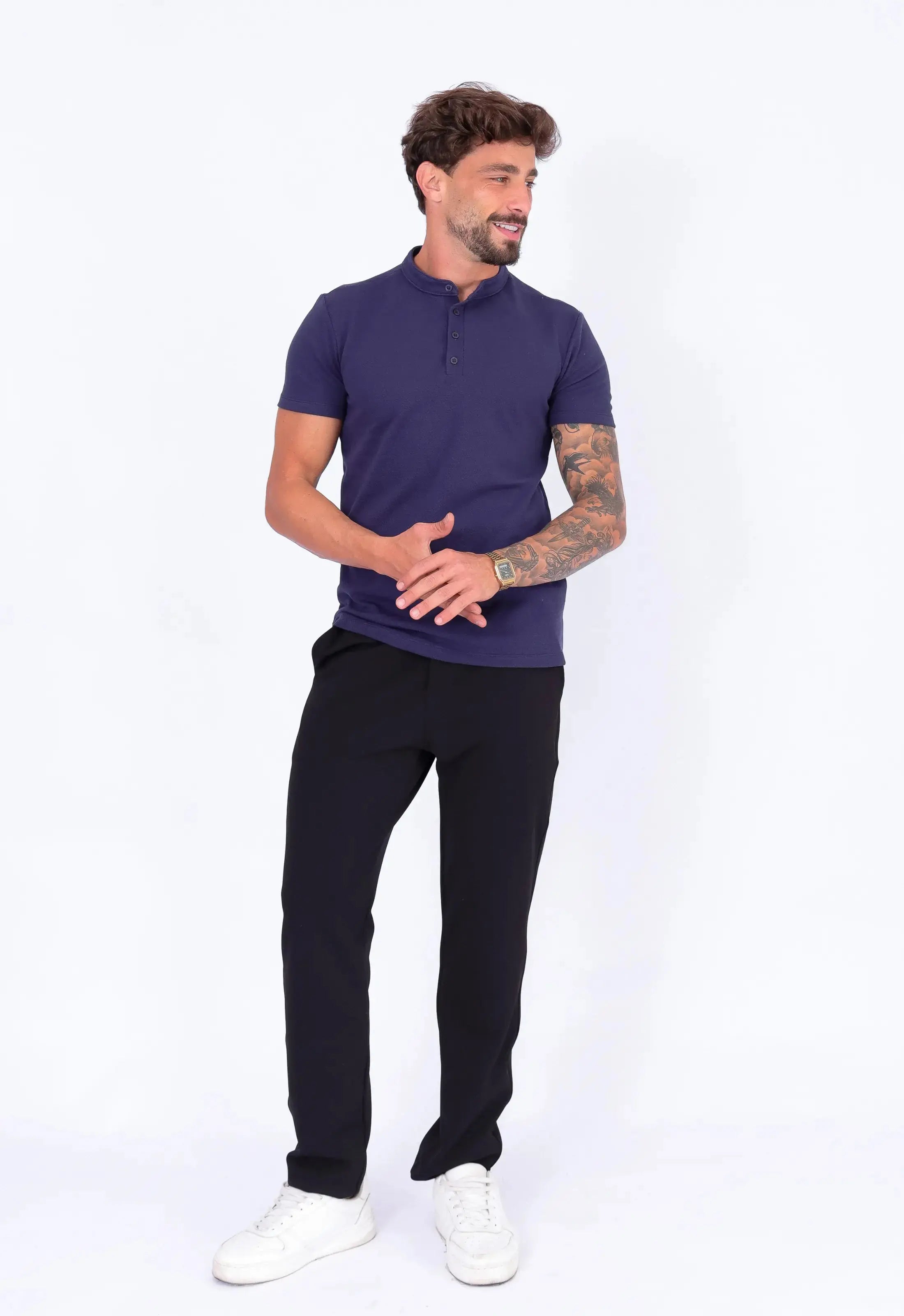 Camiseta Henley Slim Tricot Azul Marinho CW STORE