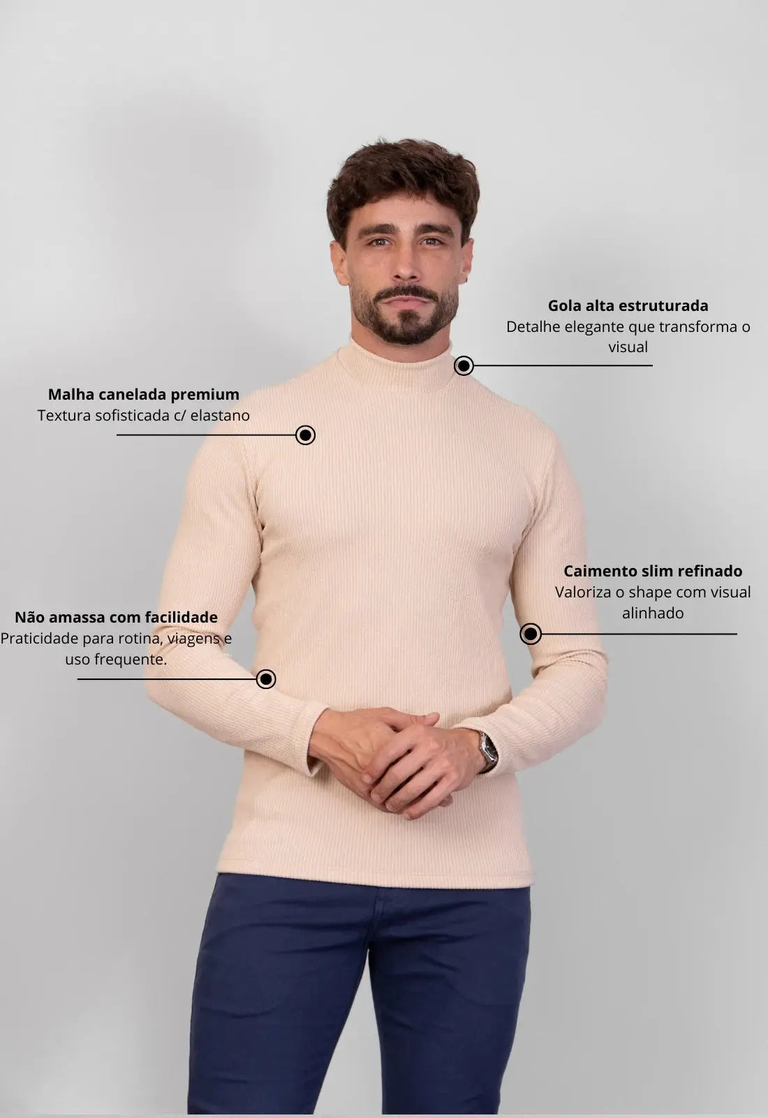 Camiseta Gola Alta Canelada Manga Longa Bege CW STORE