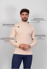 Camiseta Gola Alta Canelada Manga Longa Bege CW STORE
