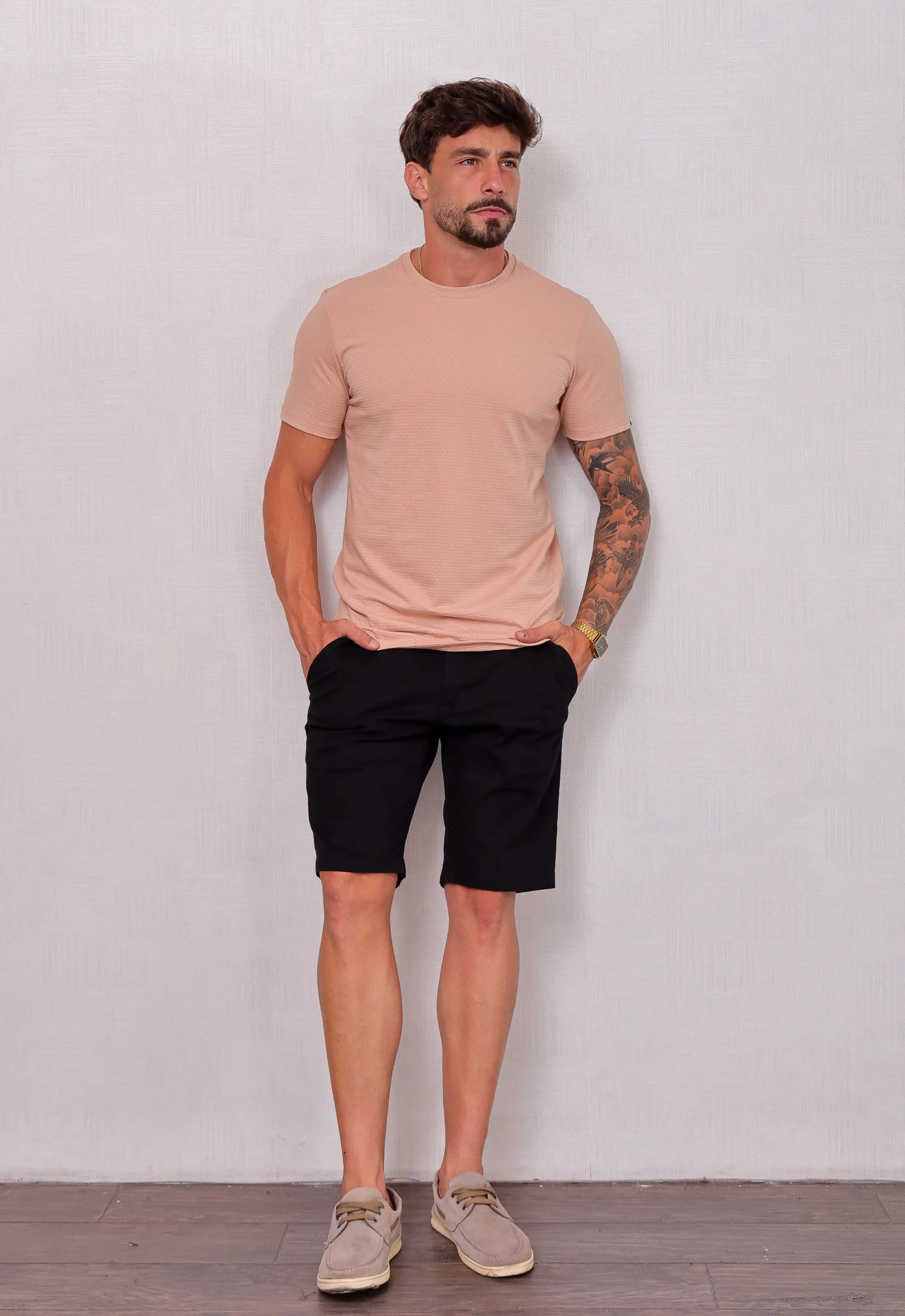 Camiseta Masculina Tricot Ponto Fino Bege CW STORE