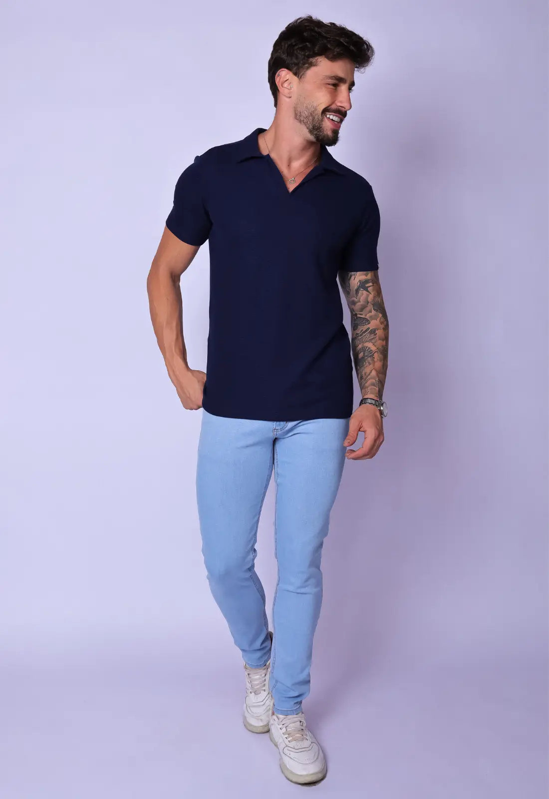 Camisa Polo Italiana Tricot Azul Marinho - CW STORE