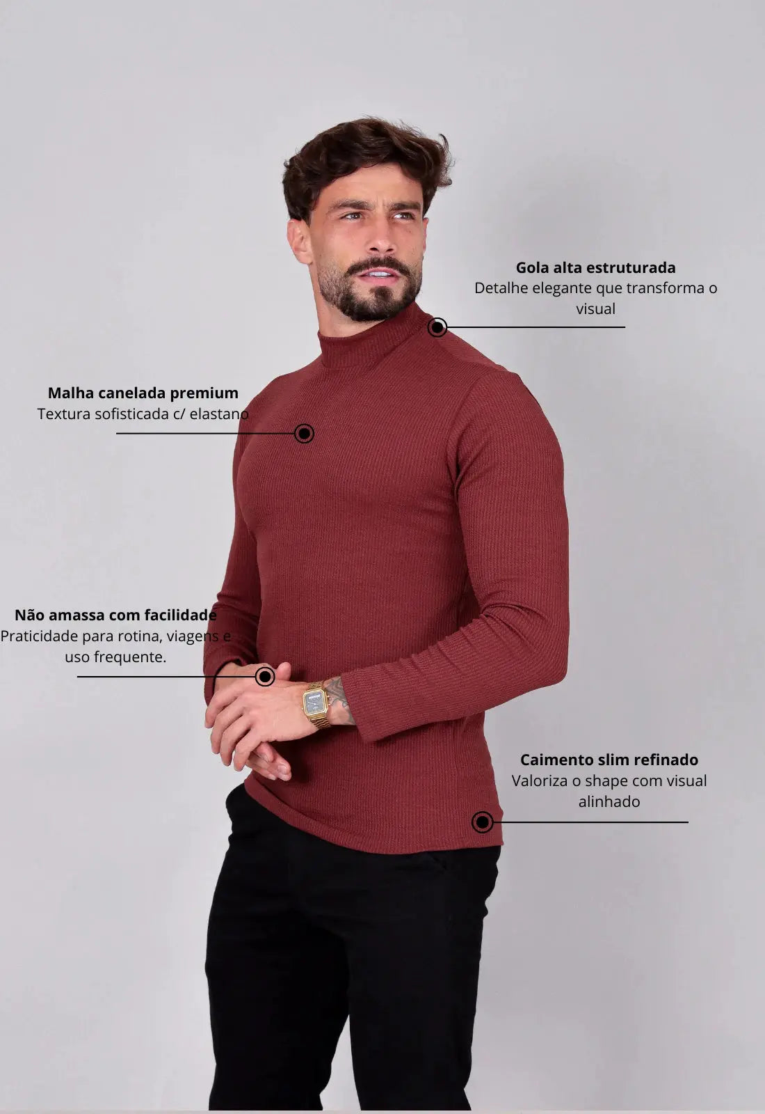 Camiseta Gola Alta Canelada Manga Longa Coral CW STORE