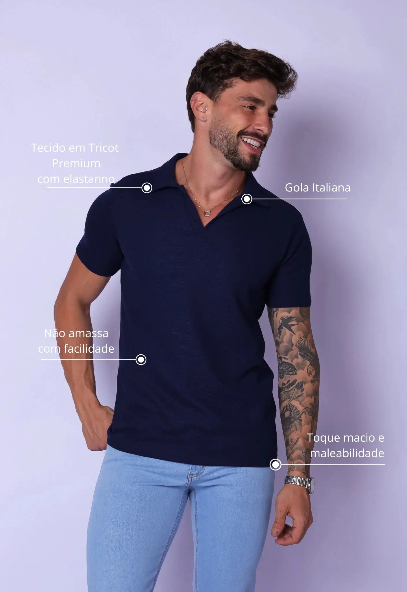 Camisa Polo Italiana Tricot Masculina Azul Marinho – tricô premium com elastano | CW Store
