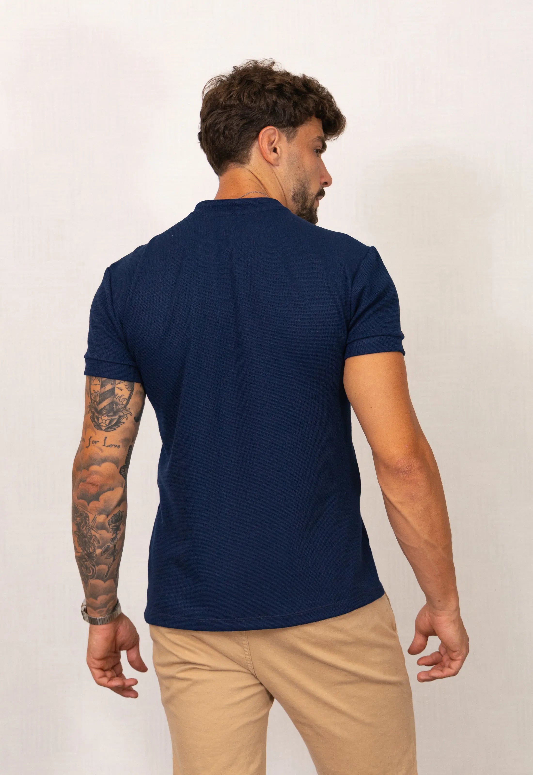 Camiseta Henley Slim Tricot com Elastano Azul Marinho CW STORE