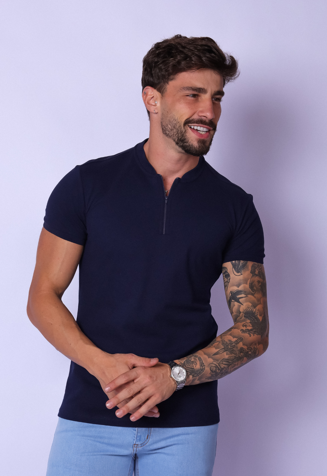 CAMISETA SLIM GOLA PADRE COM ZÍPER AZUL MARINHO