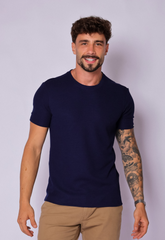 CAMISETA TRICOT COM ELASTANO AZUL MARINHO