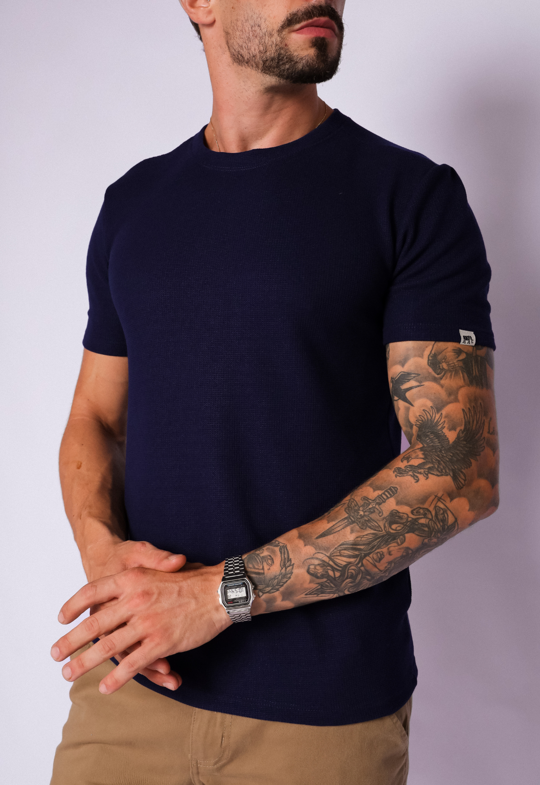 CAMISETA TRICOT COM ELASTANO AZUL MARINHO