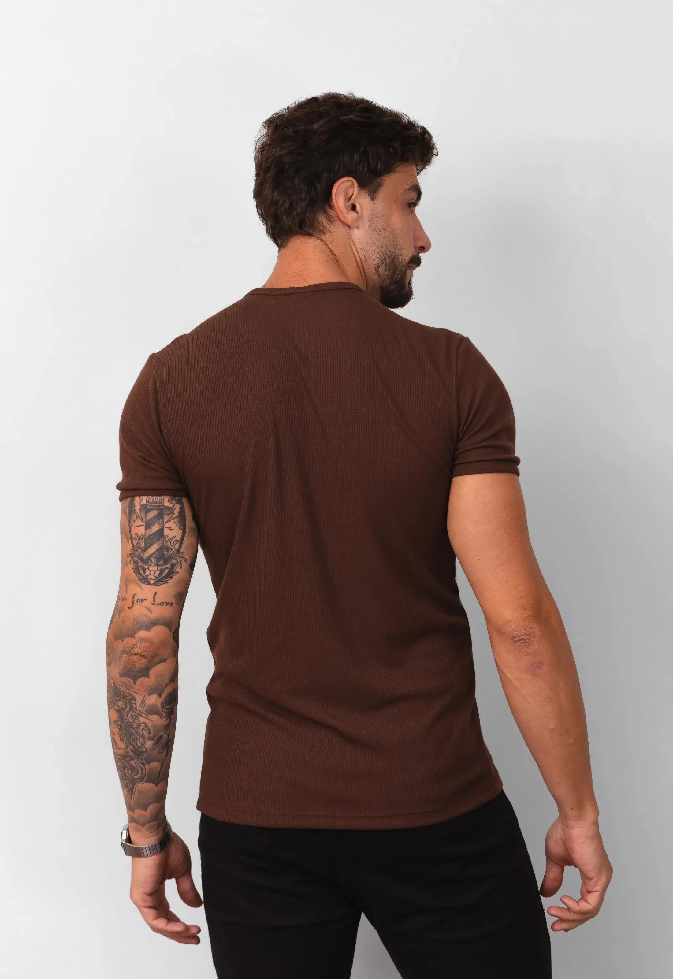 Camiseta Slim Canelada com Elastano Marrom CW STORE