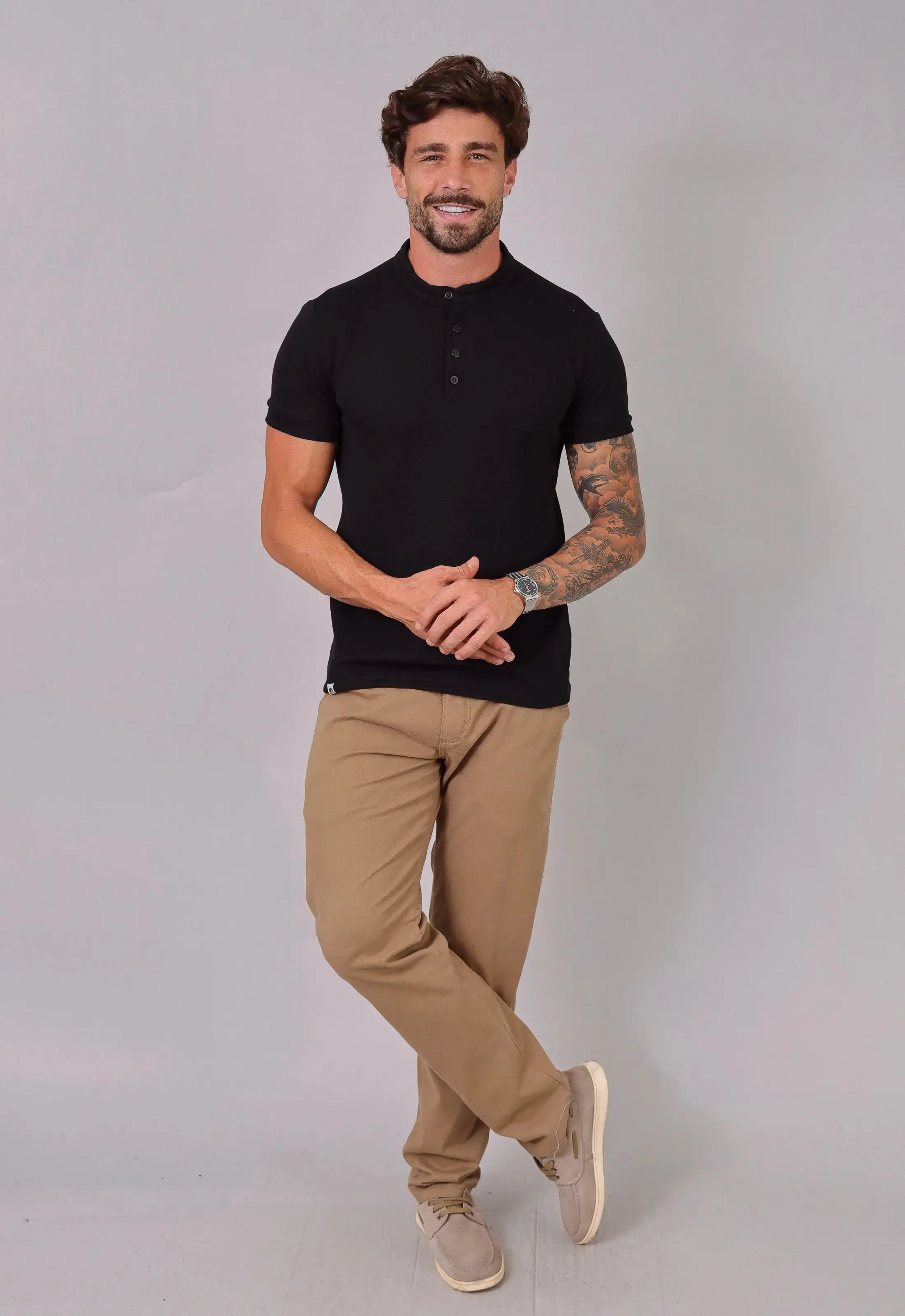 Camiseta Henley Slim Tricot com Elastano Verde CW STORE