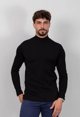 Camiseta Gola Alta Canelada Manga Longa Preto CW STORE