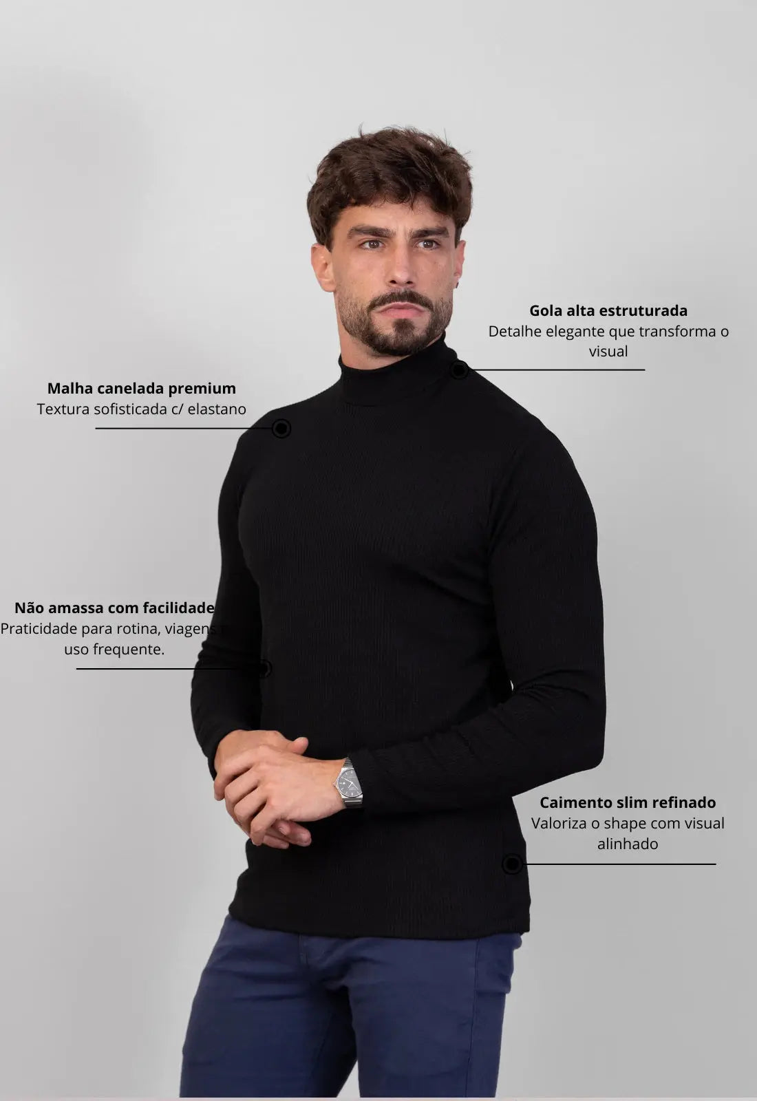 Camiseta Gola Alta Canelada Manga Longa Preto CW STORE
