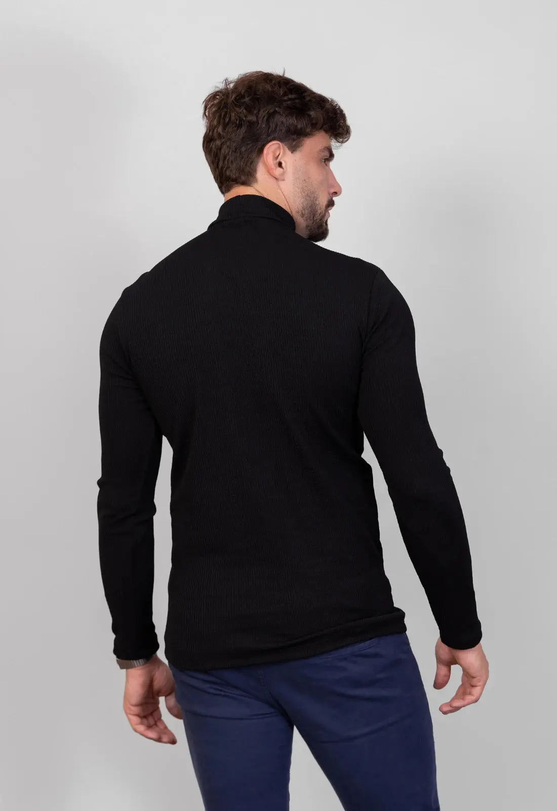 Camiseta Gola Alta Canelada Manga Longa Preto CW STORE