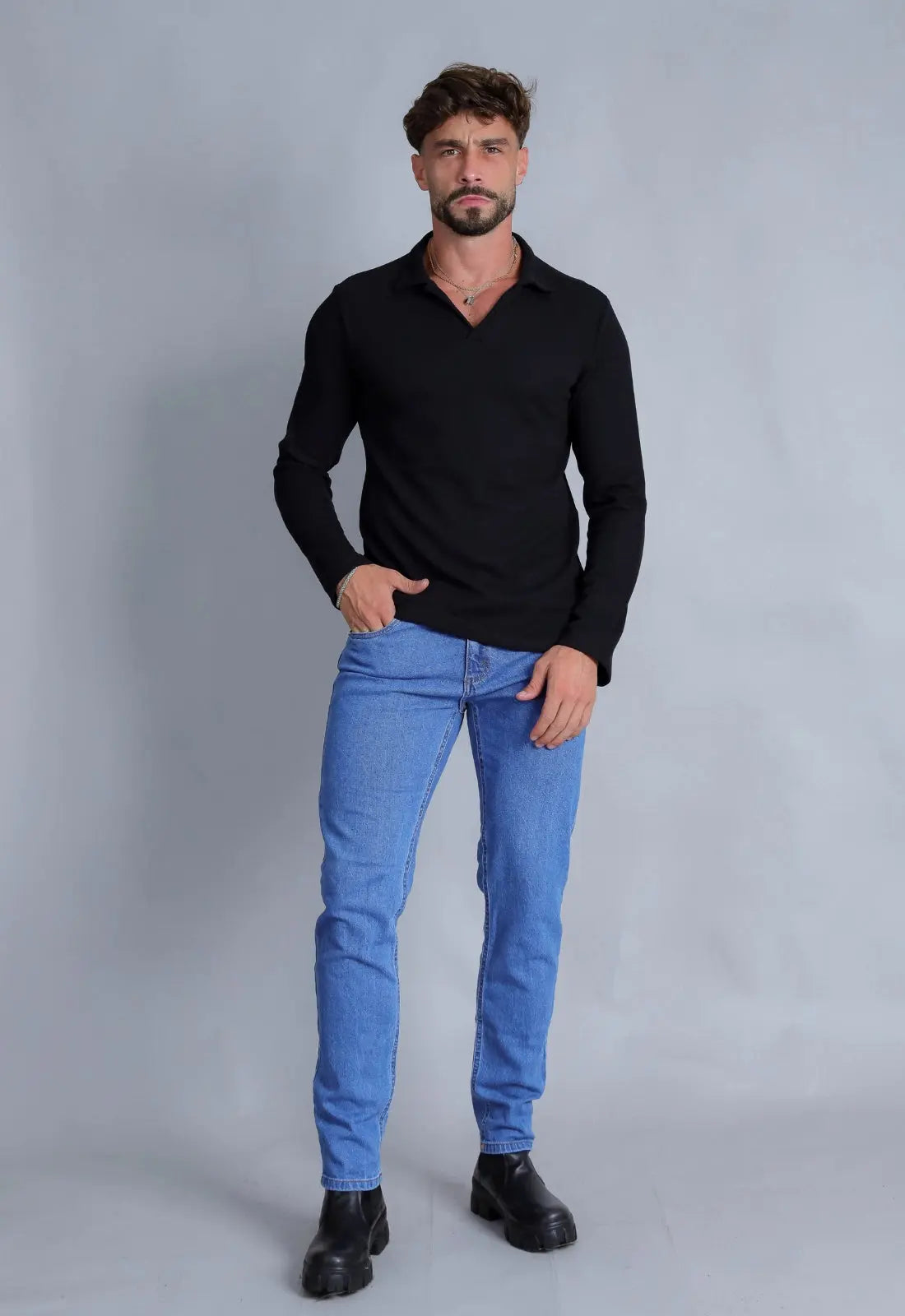 Camisa Polo Italiana Tricot Manga Longa Preta CW STORE