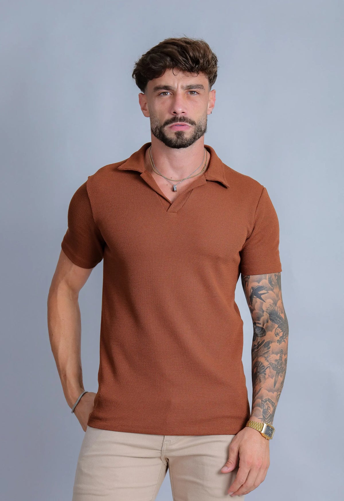 Camisa Polo Italiana Tricot Terracota Escuro CW STORE