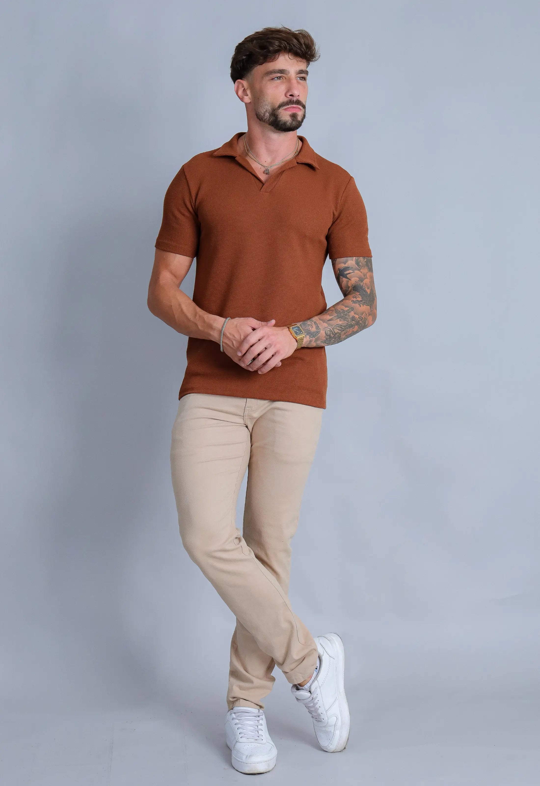Camisa Polo Italiana Tricot Terracota Escuro CW STORE