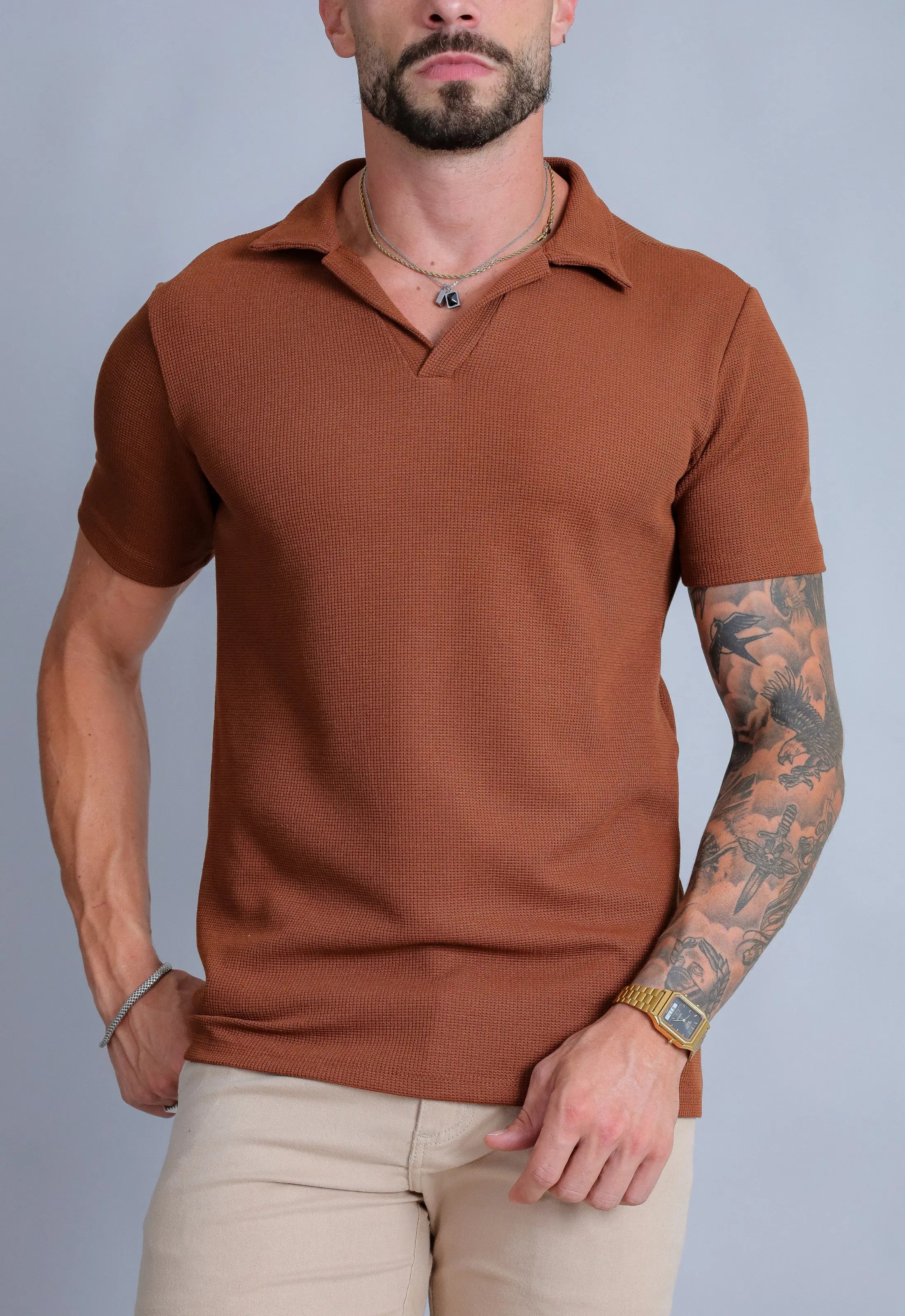Camisa Polo Italiana Tricot Terracota Escuro CW STORE