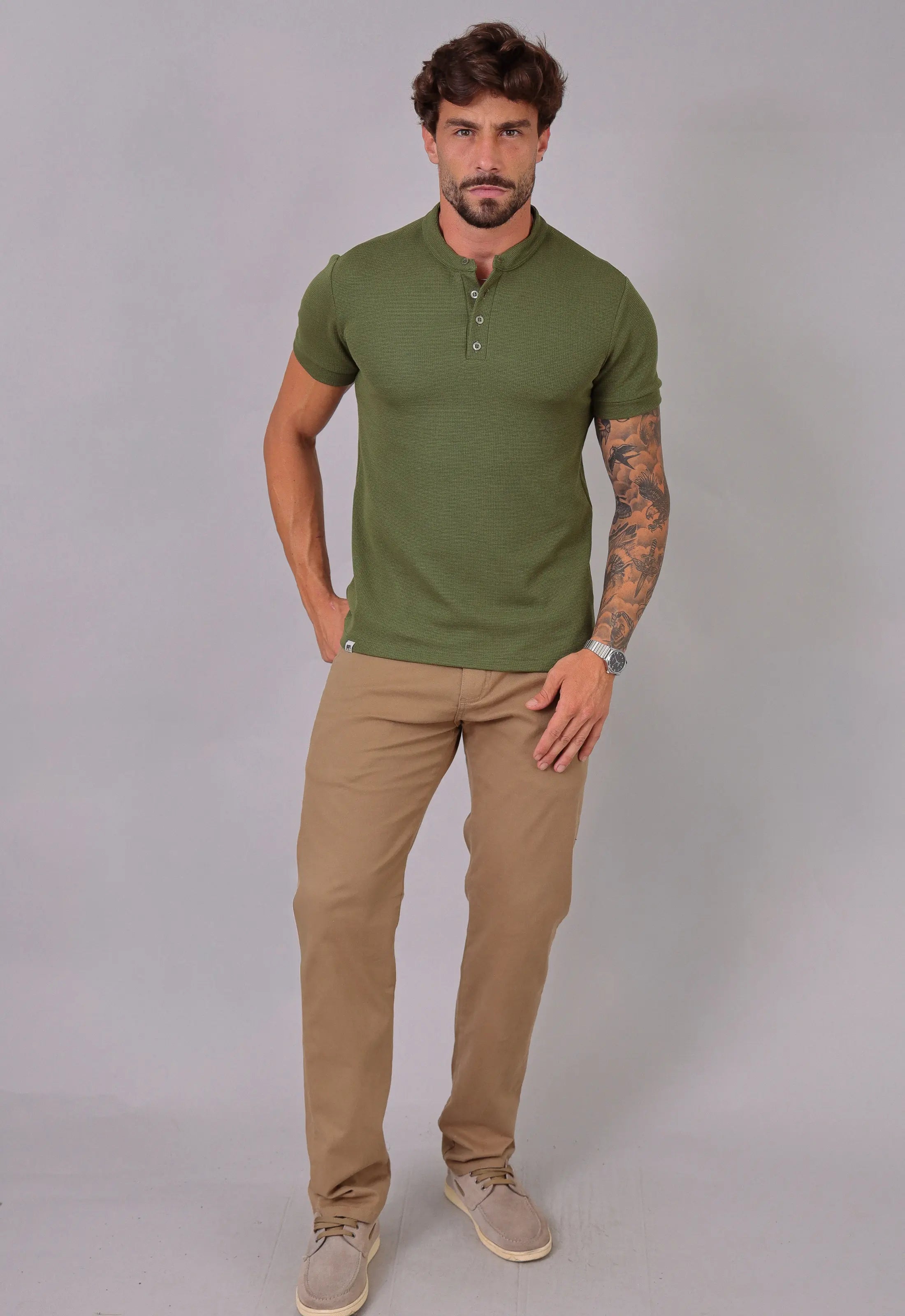 Camiseta Henley Slim Tricot com Elastano Verde CW STORE