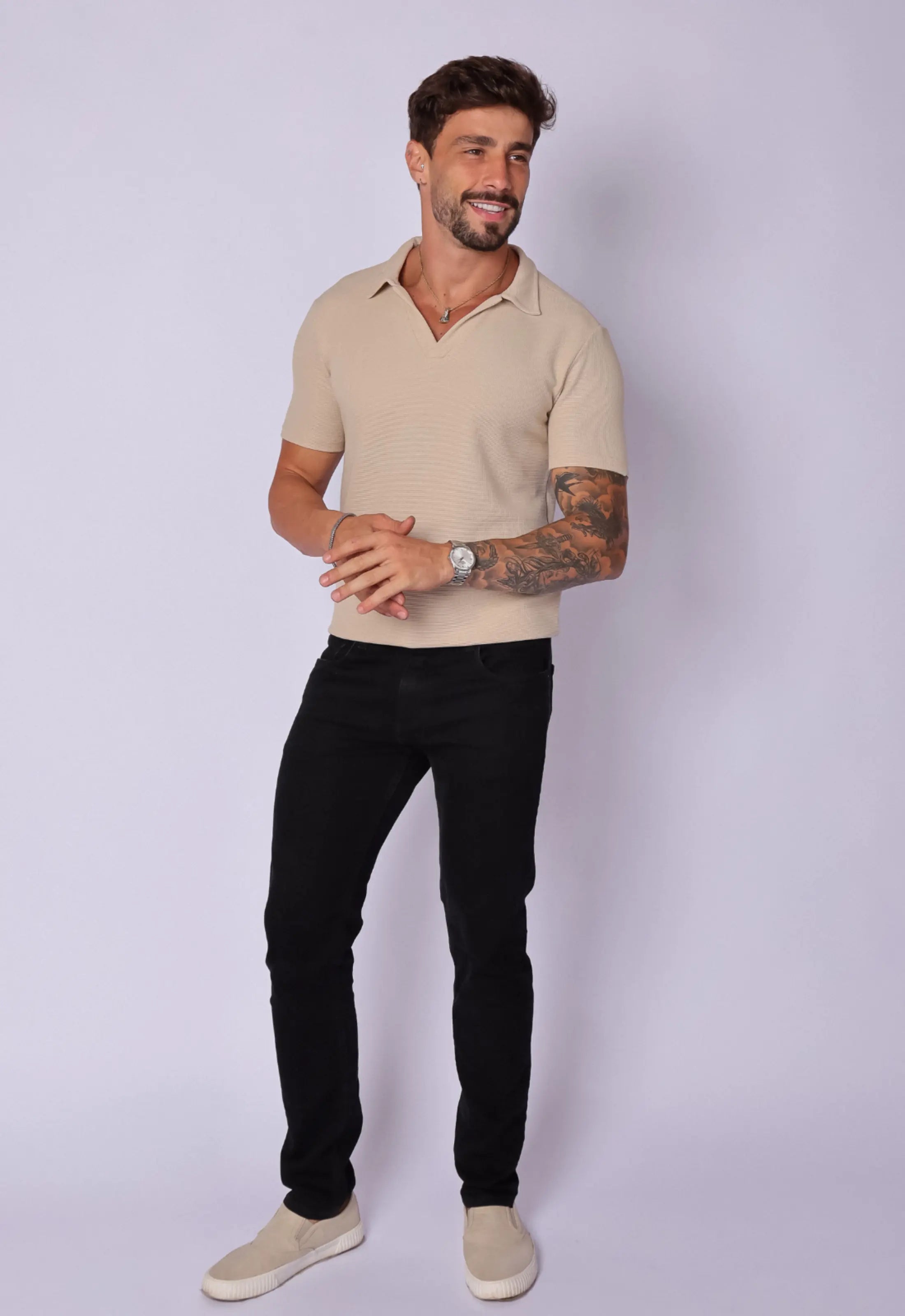 Camisa Polo Italiana Tricot Masculina Bege – toque macio e textura sofisticada | CW Store