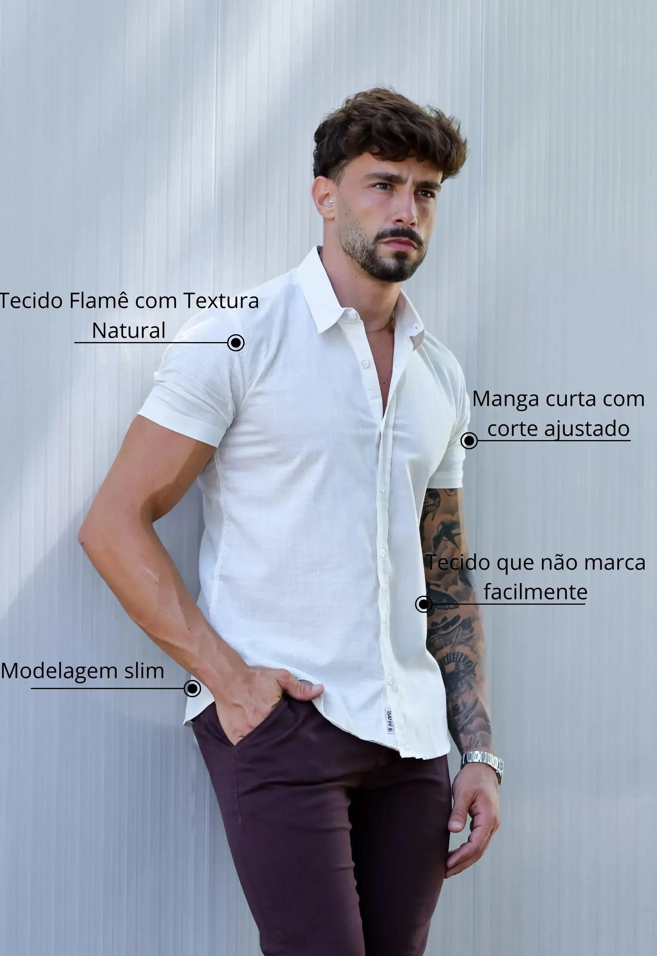 Camisa Masculina Manga Curta Flame Slim Bege – modelagem slim que valoriza o corpo | CW Store