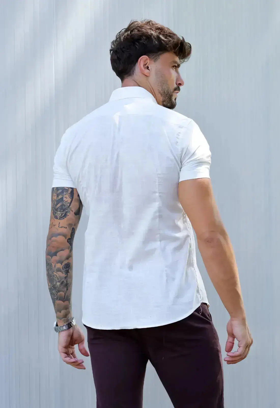 Camisa Masculina Manga Curta Flame Slim Bege – tecido de toque macio e caimento leve | CW Store
