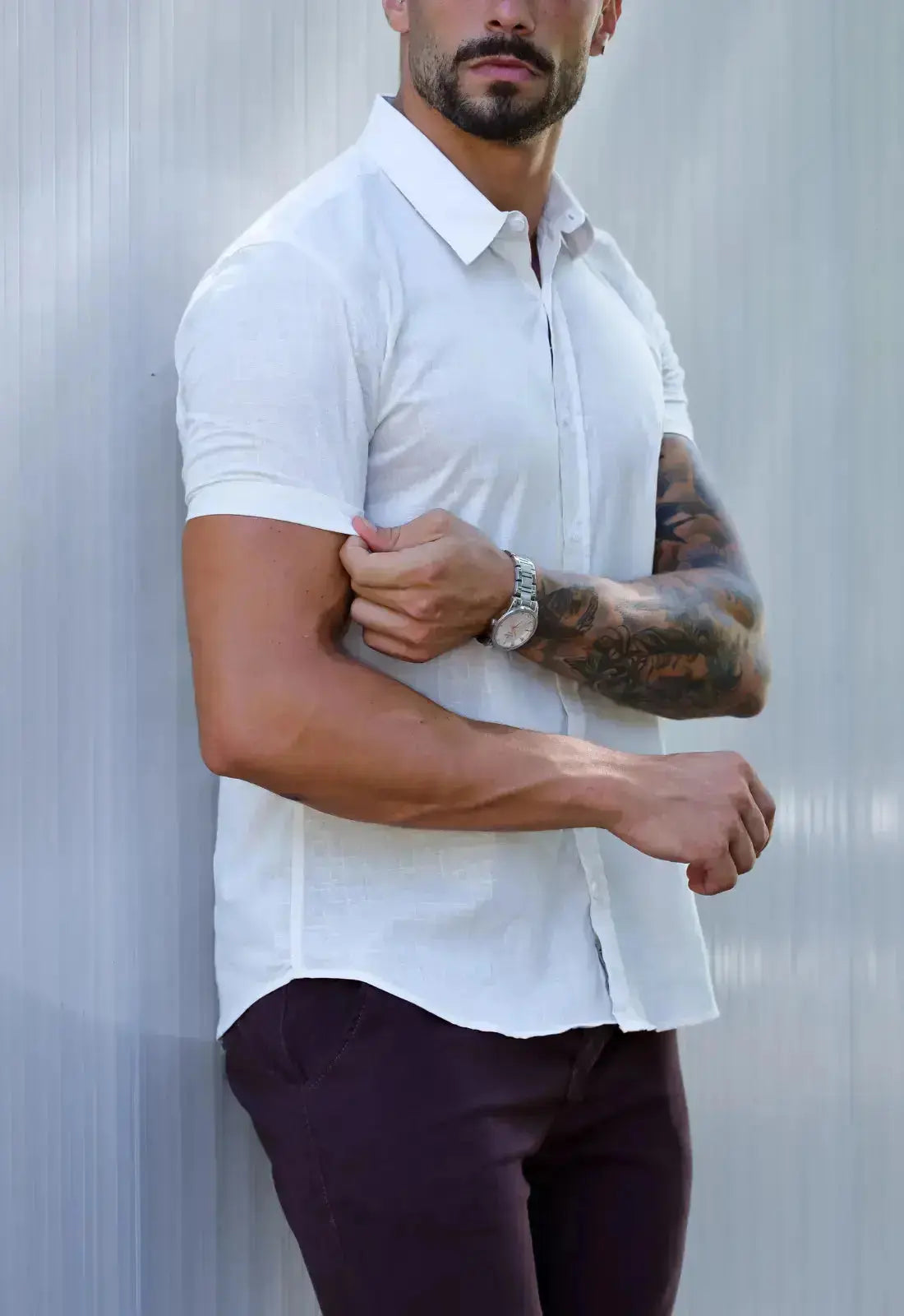 Camisa Masculina Manga Curta Flame Slim Bege – versátil do casual ao social | CW Store