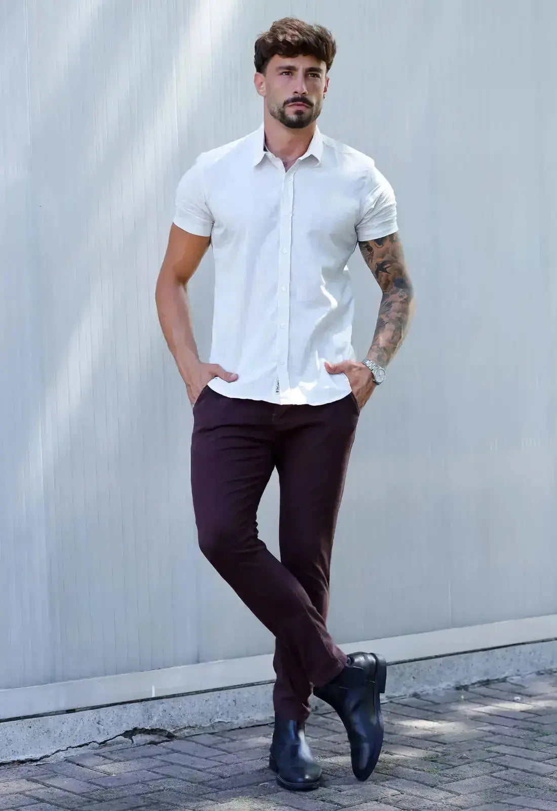 Camisa Masculina Manga Curta Flame Slim Bege – acabamento refinado | CW Store
