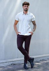 Camisa Masculina Manga Curta Flame Slim Bege – acabamento refinado | CW Store