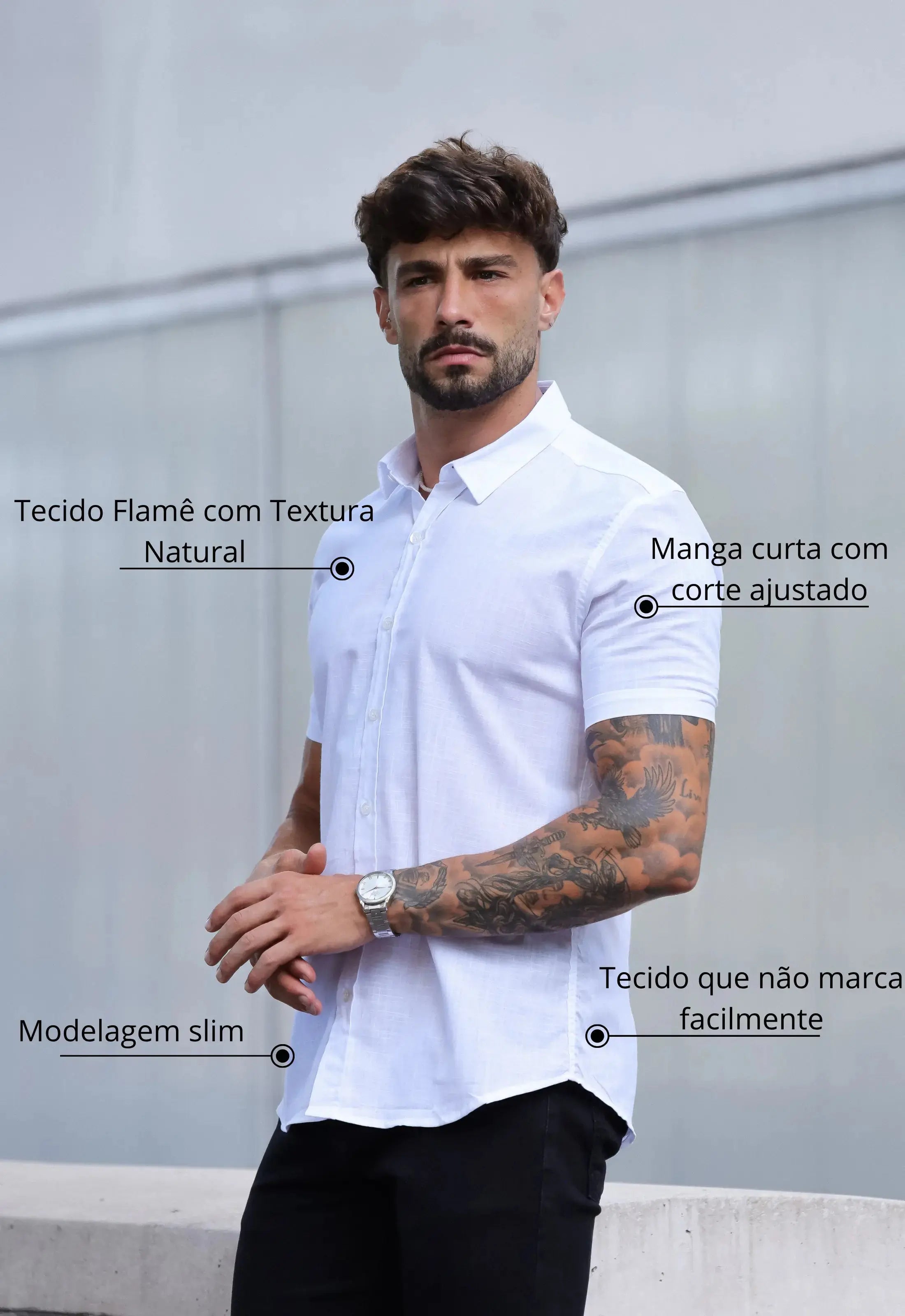 Camisa Masculina Manga Curta Flame Slim Branco – modelagem slim que valoriza o corpo | CW Store