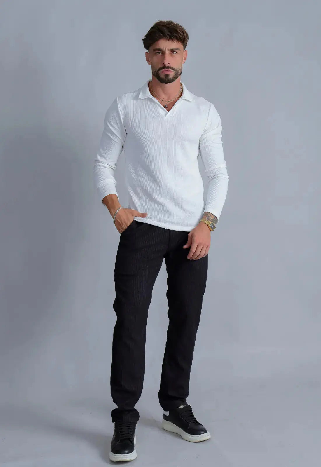 Camisa Polo Italiana Tricot Manga Longa Masculina Branca – toque macio e textura sofisticada | CW Store