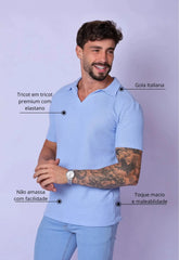 Camisa Polo Italiana Tricot Masculina Azul Claro – tricô premium com elastano | CW Store