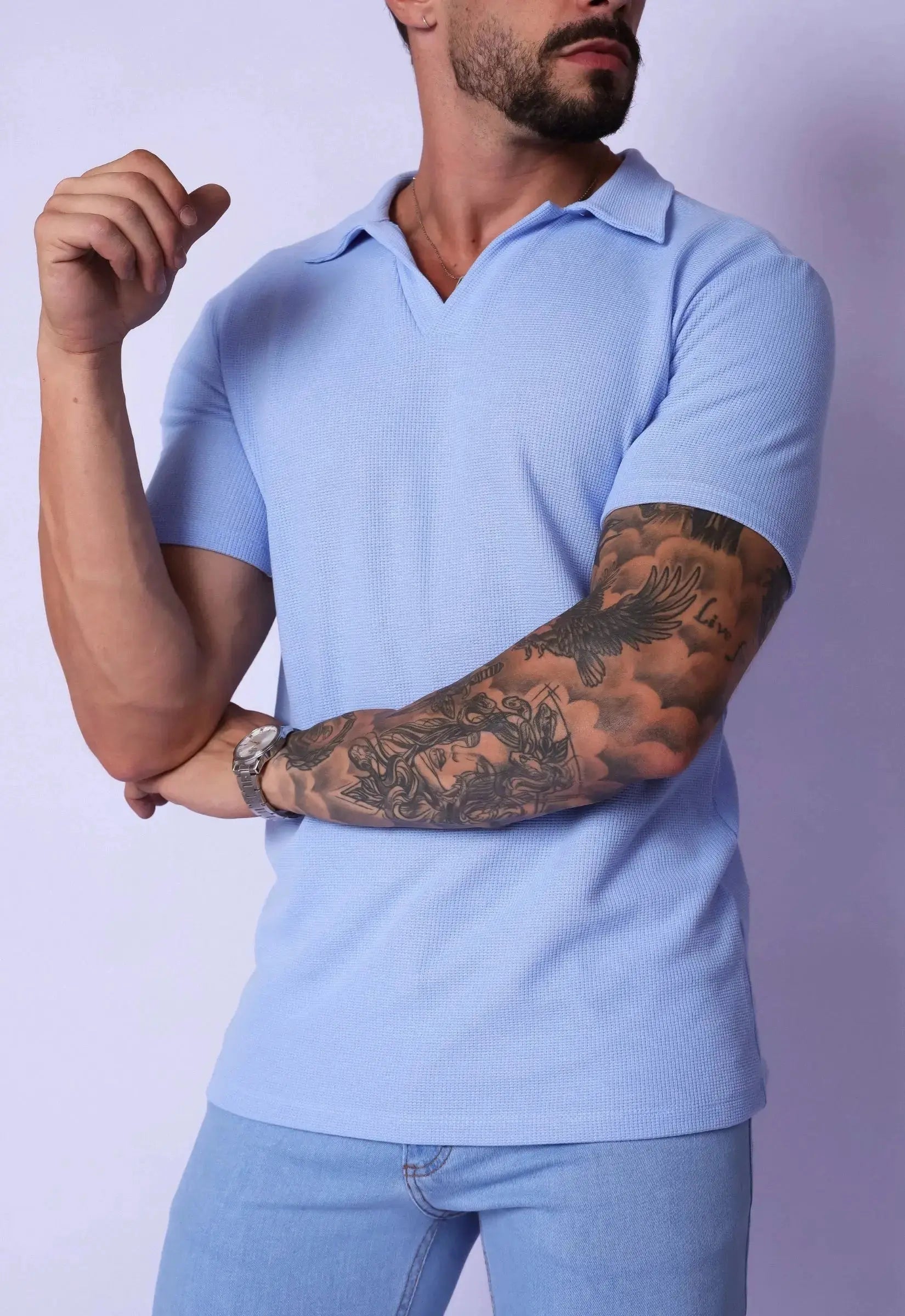 Camisa Polo Italiana Tricot Masculina Azul Claro – design europeu que não amassa com facilidade | CW Store