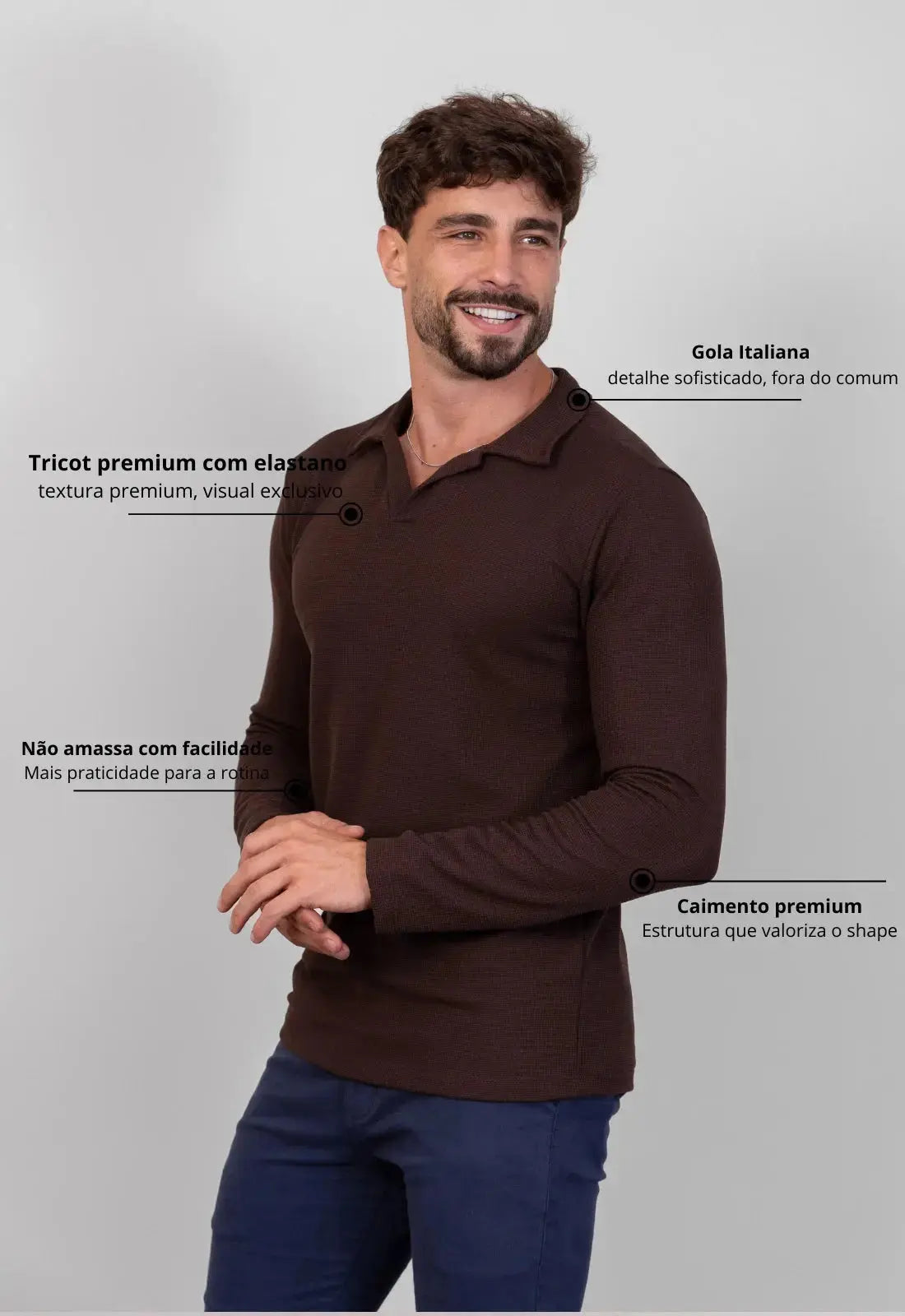Camisa Polo Italiana Tricot Manga Longa Masculina Marrom – tricô premium com elastano | CW Store